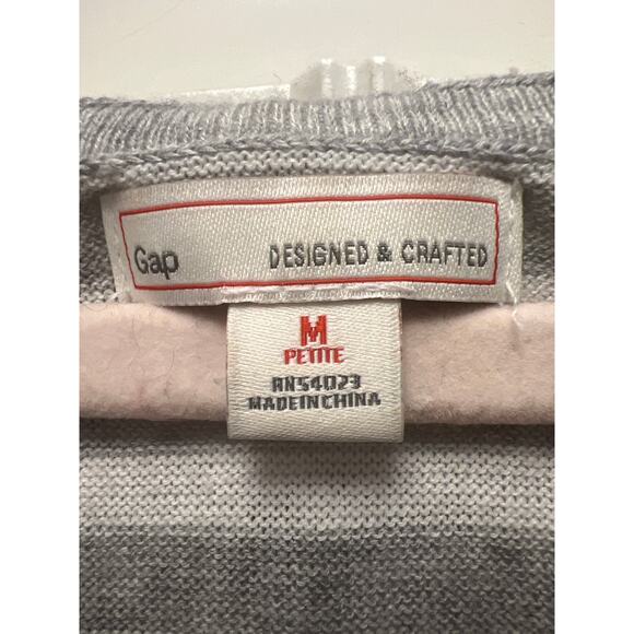 Gap Women’s V Neck Striped Pullover Hooded Sweater Top Size M Petite Gray‎ White - Picture 2 of 3